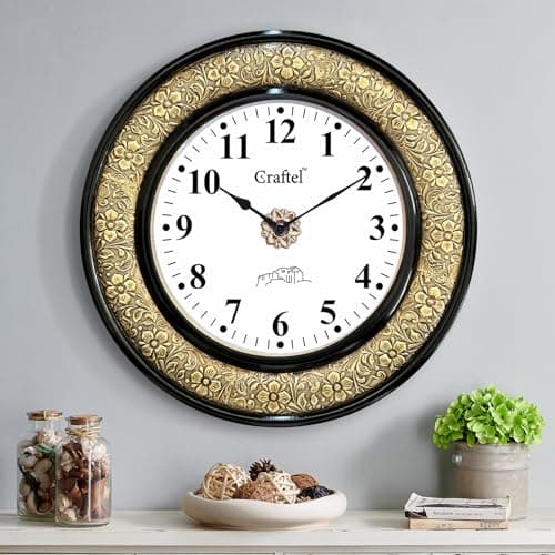 CRAFTEL Heavy Embossed Black Polished Dial Wall Clock for Home Living Room, Bedroom | Handcrafted Large Round Shape Antique Style Diwar Ghadi, Clock with English Numbers (Gold, Black, 18 x 18 inch)