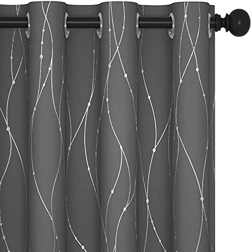 Deconovo Grey Blackout Curtains, Room Darkening Curtain, Thermal Insulated Noise Reducing Drapes, Wave Dots Silver Print, 52 x 63 Inch, Grommet Window Panels for Living Room Bedroom Nursery, Set of 2