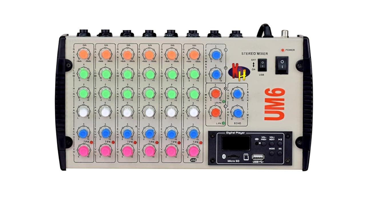 kh 6 Channel Live Sound Mixer with USB & Bluetooth Stereo Digital Echo Mixer Console with MIC Inputs, EQ, PAN, Fader, Gain Control Audio Mixing Console for Studio & Live, Silver