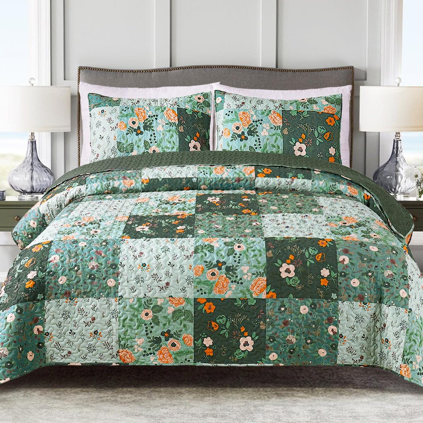 Exclusivo Mezcla Reversible Boho Quilt Set King Size 3 Pieces Patchwork Green All Season Bedspreads Ultra Soft Floral Coverlet Bedding Set with Printed Pattern 1 Quilt 2 Pillow Shams