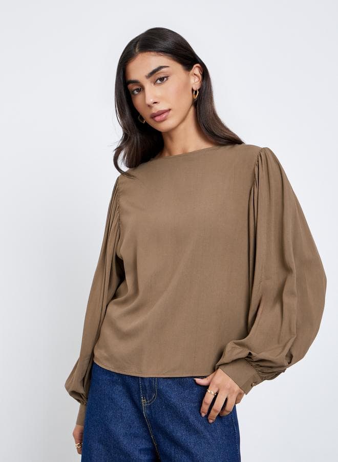 Styli Brown Balloon Sleeve Blouse