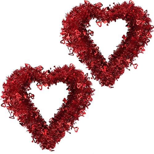 Geosar 2 Pcs 16 Inch Valentine Wreaths for Front Door Decor Red Tinsel Heart Shaped Wreaths with Foil Heart Love Garland Wall Hanging Sign for Valentine Wedding Party Window Mantel Decoration