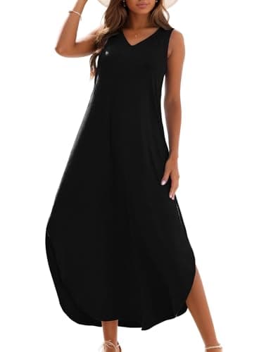 Zilcremo Women's Summer Casual Loose Sundress Long Dress Sleeveless V Neck Split Tshirt Maxi Dresses Black XXL
