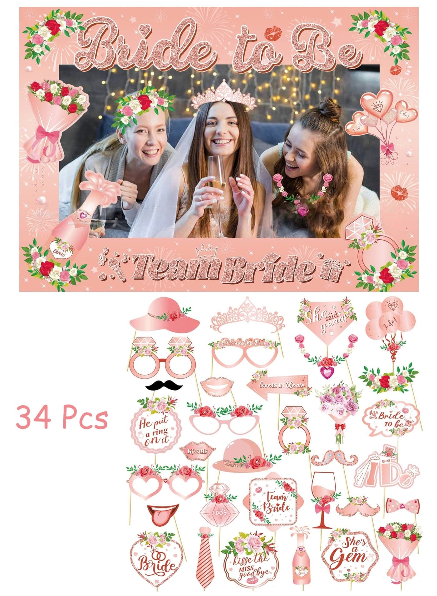 Hen Party Decoration-34Pcs Photo Booth Props, Wedding Photo Props, Rose Gold Wedding Propsm, Hen Party Accessories for Wedding Engagement Bridal Shower Bachelorette Hen Do Party Games