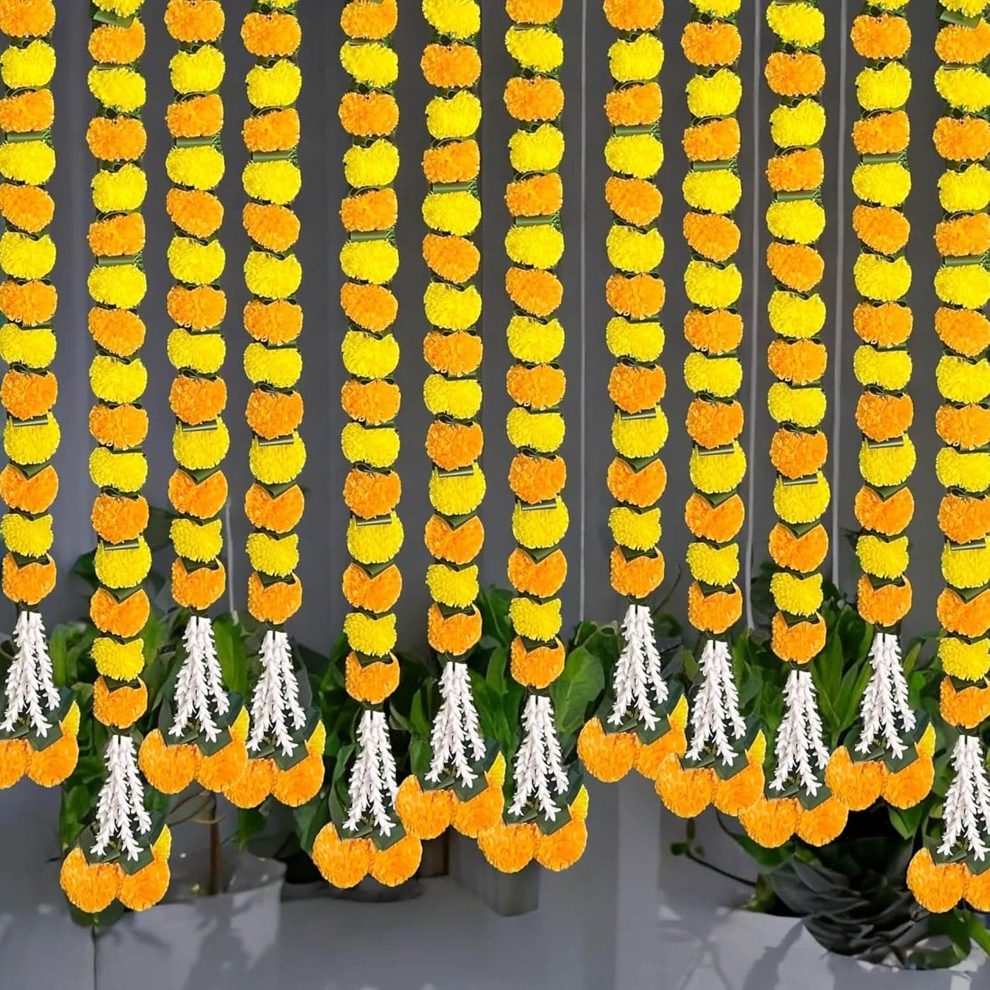 Rajasthan Kraft Artificial Marigold Garland Pack of 5 with Fold Leaves and Tuberose Strings Yellow Mango 65 Inch Diwali Wedding Home Festive Decorations Housewarming Gifts 325015