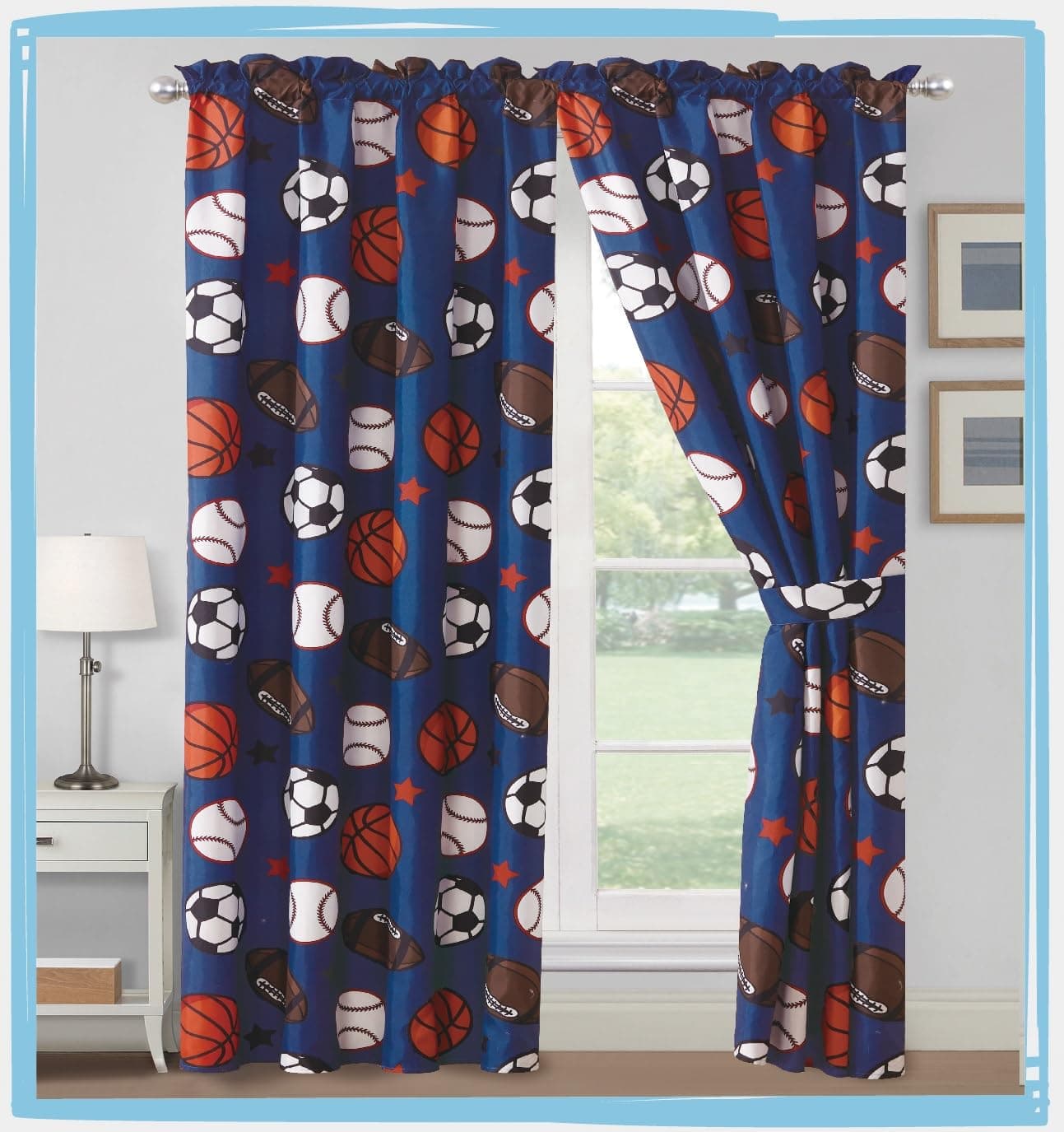 WPM Sports Curtains for Boys Bedroom : 4 Piece Blue Curtain Set with Panel and tiebacks Football Soccer Baseball Basketball Fun Sports Design (Football, Curtain Set)