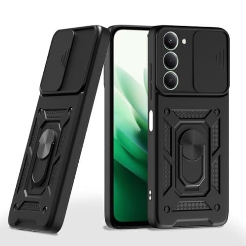 Pikkme Back Cover for Redmi 15 5G | 360 Protection Case | Sliding Camera Shield Cover & Ring Holder Stand D10 Tough Armor Bumper Case (Black)