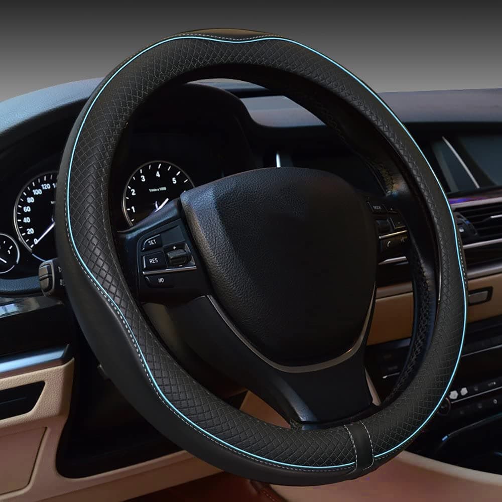 Car Steering Wheel CoverAntiSlip Safety Soft BreathableHeavy Duty ThickFull SurroundSports Style Black with Light Blue Line