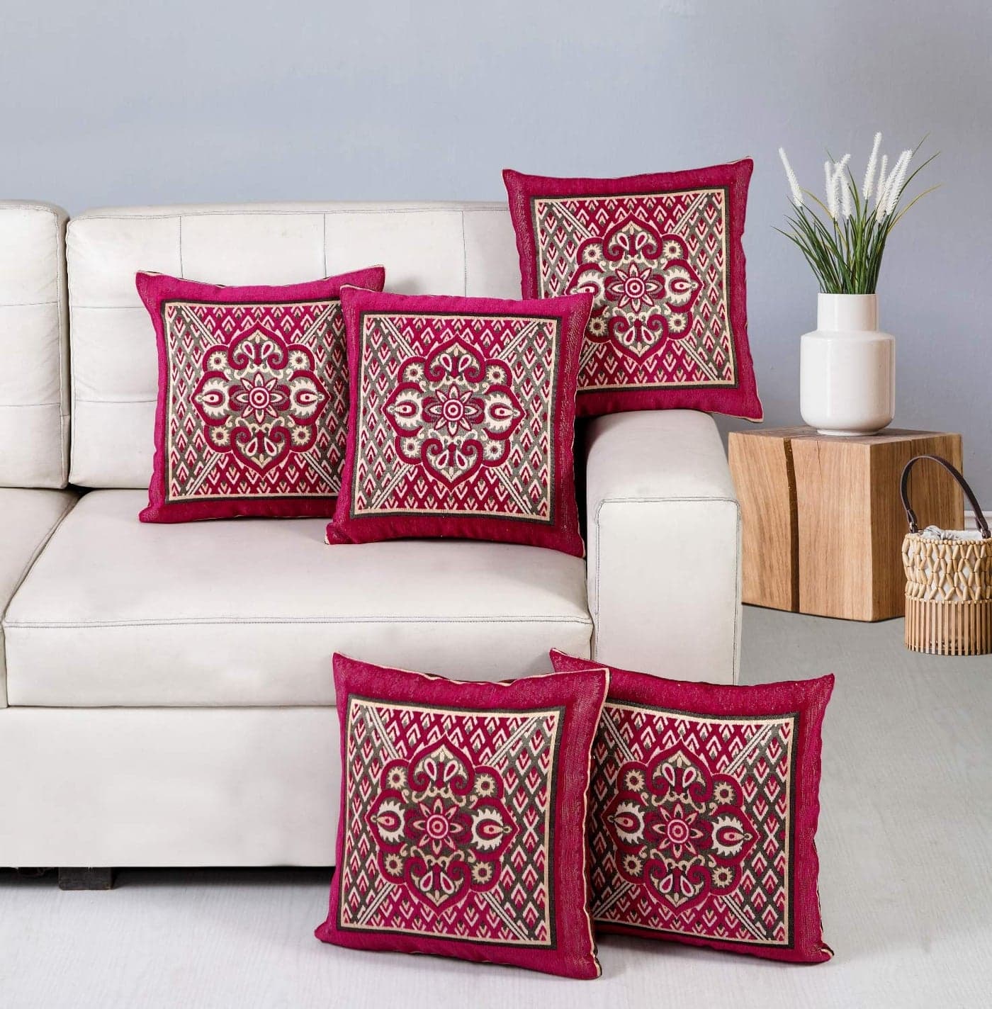 Nendle Jacquard Weaved Decorative Velvet Cushion Cover/Sofa Pillow Cover 500 TC Set Of 5 Pieces (Pink, 16X16 Inches)