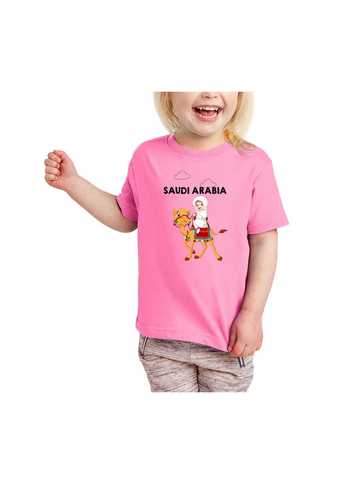 Saudi Arabia-Themed Girls Souvenir T-Shirt for Kids - Short Sleeve Round Neck Cotton Tshirt - Saudi Design with Camel - Ideal for School, Playtime
