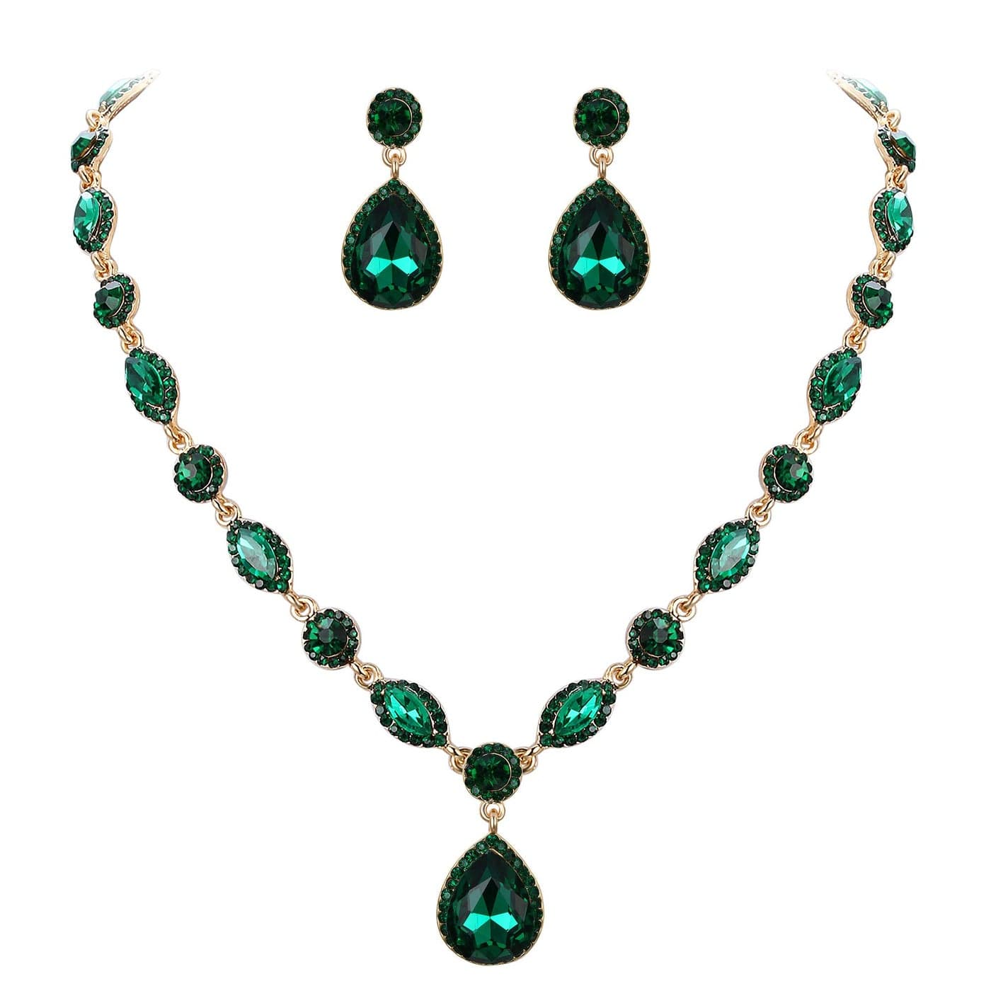 EleQueen Women's Wedding Bridal Jewelry Set for Brides Bridesmaids, Crystal Teardrop Necklace Dangle Earrings Jewellery for Party Prom Emerald Color