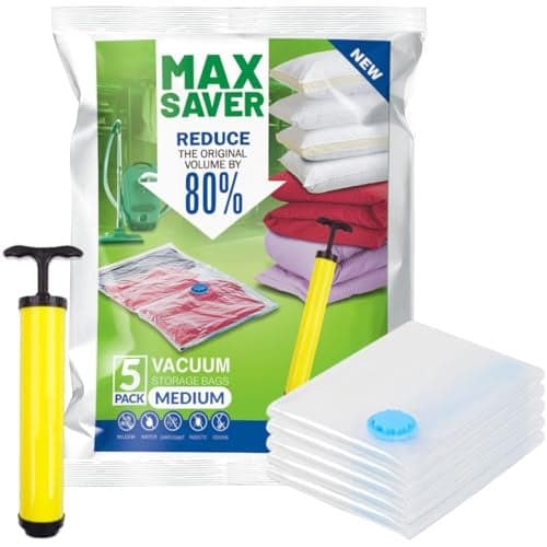 Max Saver 5 PACK MEDIUM Space SaverZiplock Bags For Travel Packing, 5 Medium(50X70)cm Reusable Travel Essentials Vacuum Packing Bags For Travelling, Plastic Compression Storage Organizer, Transparent