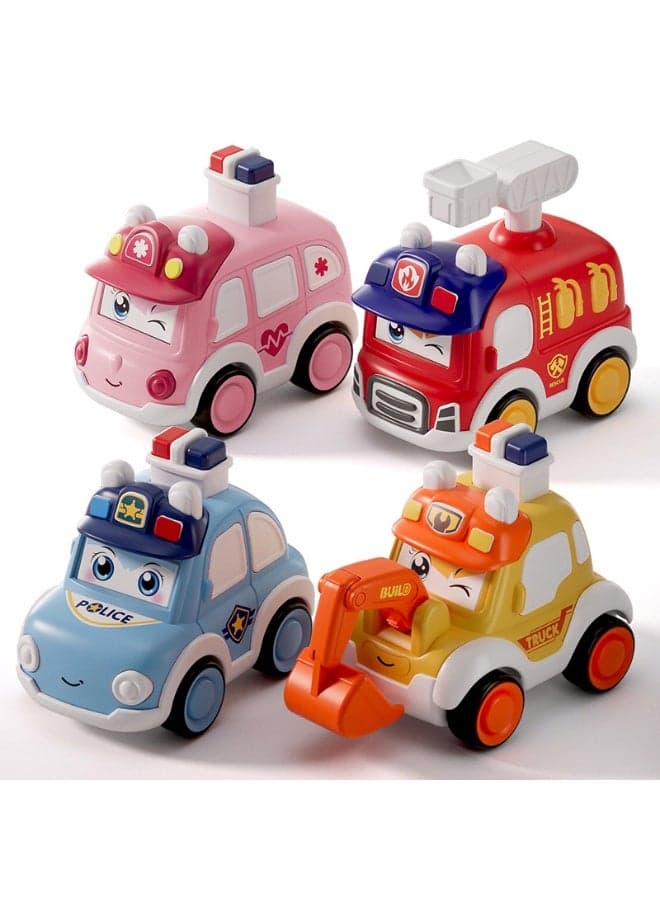 【4-Pack】Adorable Push-And-Go Toy Car Set | Includes Ambulance/Police/Construction/Fire Truck | With 3 Changeable Expressions | ABS Safe Material With Smooth Edges | Battery-Free Press-To-Go Design | Develops Crawling/Walking/Running Skills | 9*8.5*6cm Perfect Size | Durable Early Learning Toy