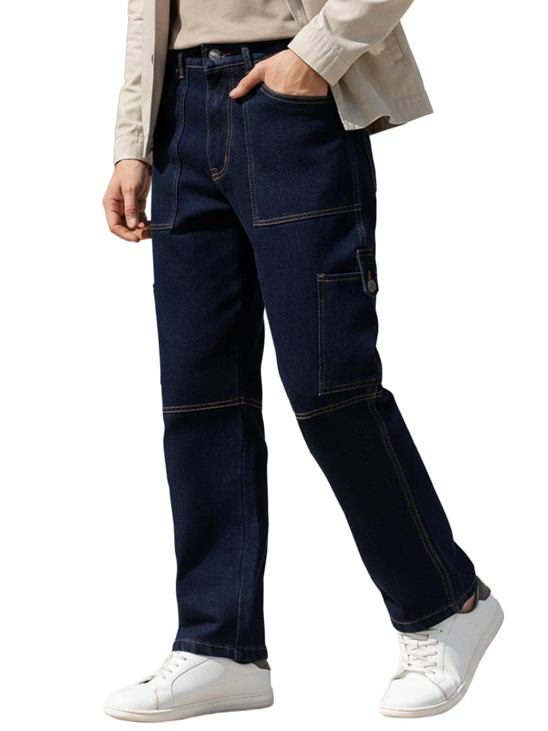 Urbano Fashion Men's Dark Blue Loose Baggy Fit Washed Cargo Jeans with 6 Pockets Non-Stretchable (jeanlscargo-02-dblue-38)