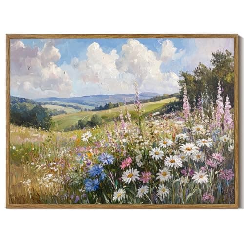Framed Canvas Wall Art Prints Wildflower Oil Painting Aesthetic Room Decor Nature Rural Wilderness Landscape Poster Pictures Prints for Bathroom, Bedroom LivingRoom 8×10inch
