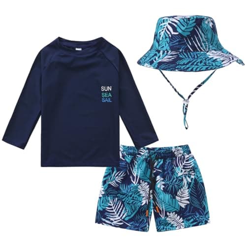 Toddler and Baby Boys' 3-Piece Swimsuit Trunk Rashguard Set Sun Hat Swimwear Bathing Suit Sunsuit Swim Shirt Set Navy Tropical 18-24 Months