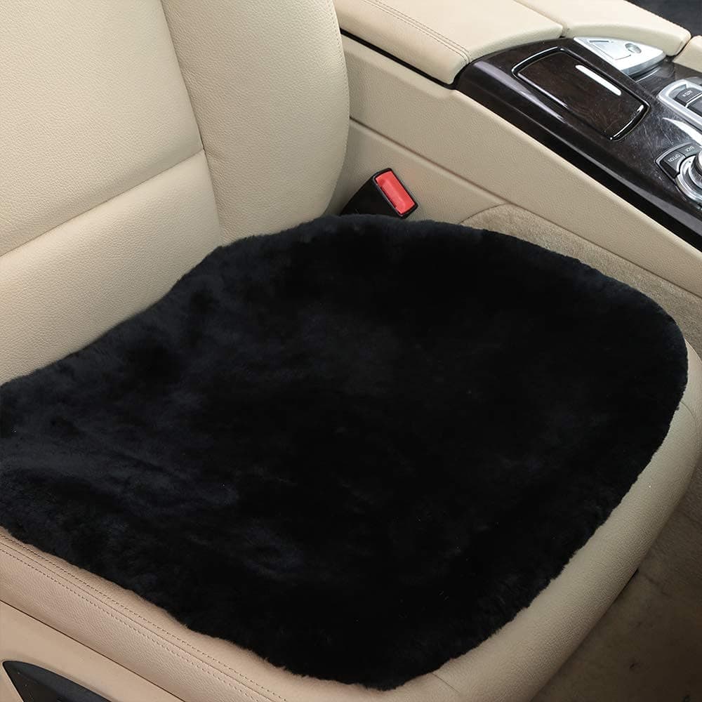 OGLAND 20 inchs Fluffy Genuine Australia Sheepskin Car Seat Cover for Auto Interior Accessories with Soft Fuzzy Wool Natural Fur NonSlip Black Front