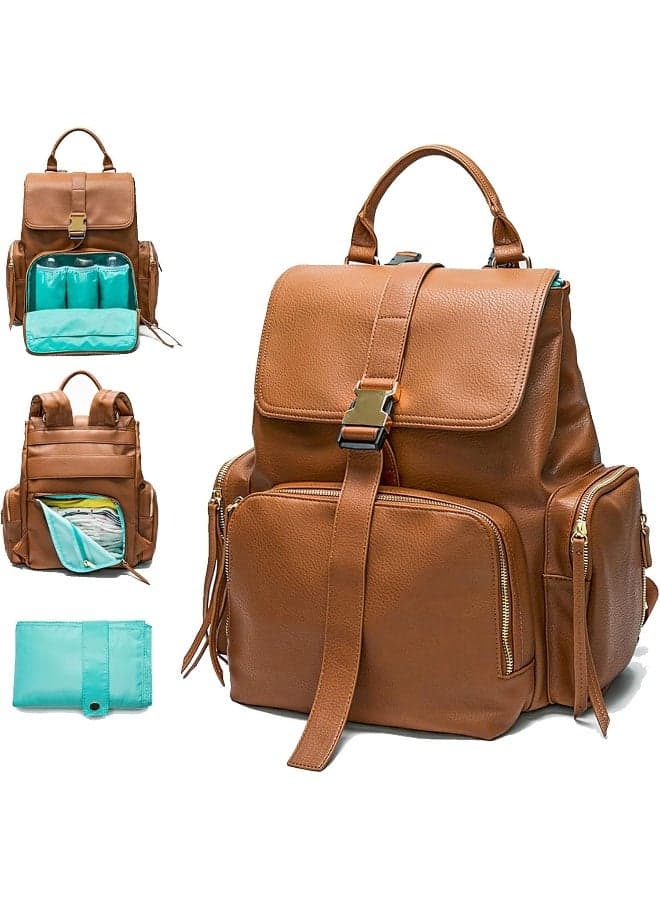 MOMINSIDE Diaper Bag Backpack with 14 Pockets, Leather Baby Bag, Large Capacity, Baby Registry, 4 Insulated Pockets, Wet Dry Bag, Changing Pad, Stroller Straps (Brown)