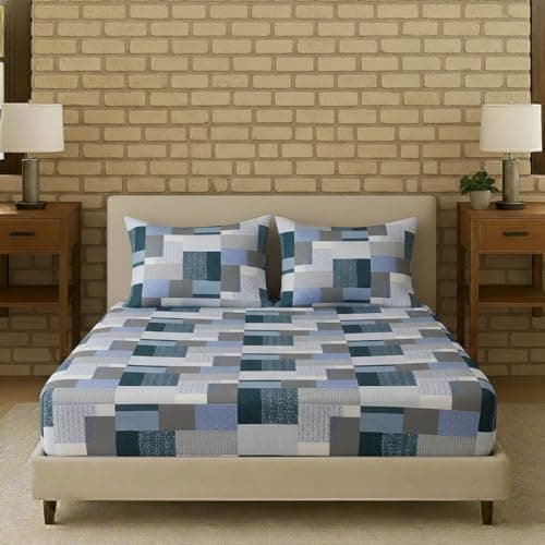 Trance Home Linen 100% Cotton 144TC Elastic Fitted Bedsheet | Printed Double Size Bed Elasticated Fitted Bedspread with 2 Pillow Covers (75x72 inch, Abstract Green)