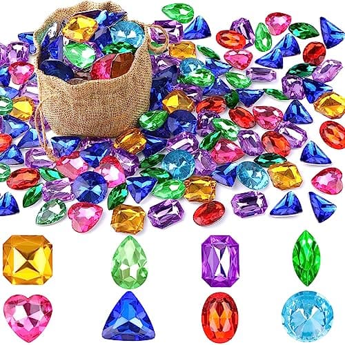 Vellibring 180 Pieces Pirate Treasure Gem ToysFake Acrylic Bling Gem Diamonds Toys Colorful Beach Gems Pirate Jewels Toys with Drawstring Bag for Kids Party Favors Decoration