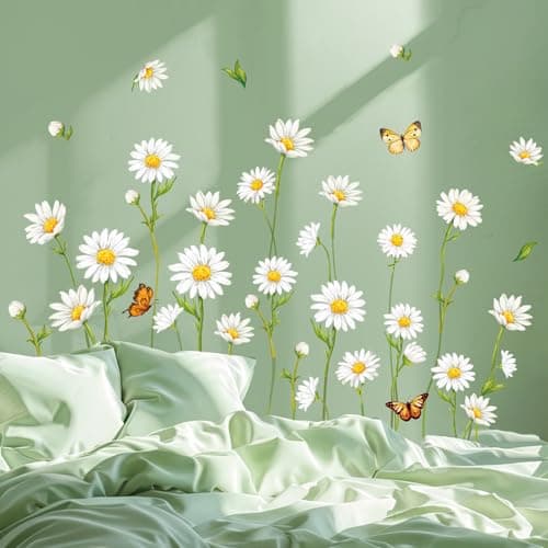 FYSUIMU Spring Daisy Flower Wall Decal White Daisy Butterfly Wall Stickers Peel and Stick Floral Mural Decals for Summer Party Home Nursery Bedroom Living Room Classroom Decor
