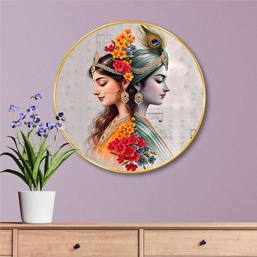 SAF Radha Krishna Wall Painting – Divine Love Artwork with Floral Accents | Spiritual Round Golden Frame Wall Décor for Living Room, Bedroom, Pooja Room | Hindu Religious Art (23 X 23 Inch) GR-290