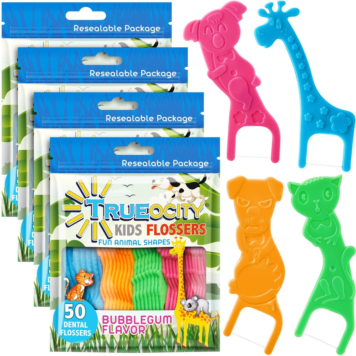 Kids Flossers 4 Pack 200 Total Kids Floss Picks Flossers Kids Floss for Kids Cute Animal Shapes Glides Easy Between Teeth Flosser Helps Prevent Tooth Decay Gum Disease Bubble Gum Flavored