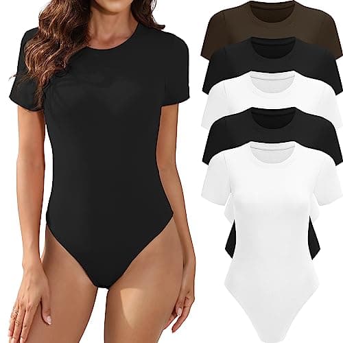 MLYENX 5 Pack Body Suits for Womens Short Sleeve Round Neck Casual Stretchy Basic T Shirt Bodysuit Tops M