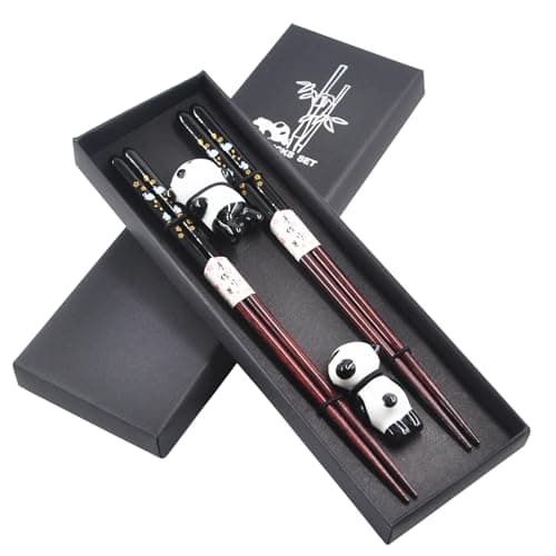 Wooden Japanese Chopsticks with Ceramic Panda Holders - 9-Inch Elegant Reusable Chopsticks Gift Set for Sushi Lovers Couples (Black-Black)