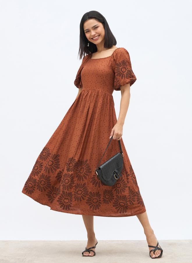 Styli Embroidered Puff Sleeves A-Line Midi Dress