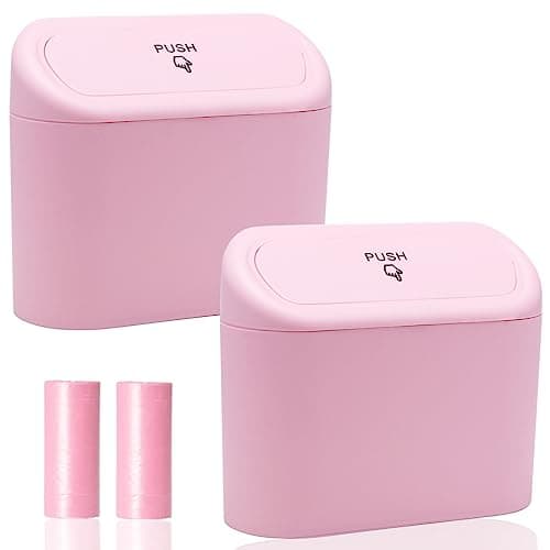 Car Trash Can Bin with Lid - 2 Packs Universal Vehicle Mini Leakproof Garbage Can Bin with 40pcs Trash Bags Can Organizer Storage for Front Back Seat Accessories for Auto Office Bedroom Home(Pink)