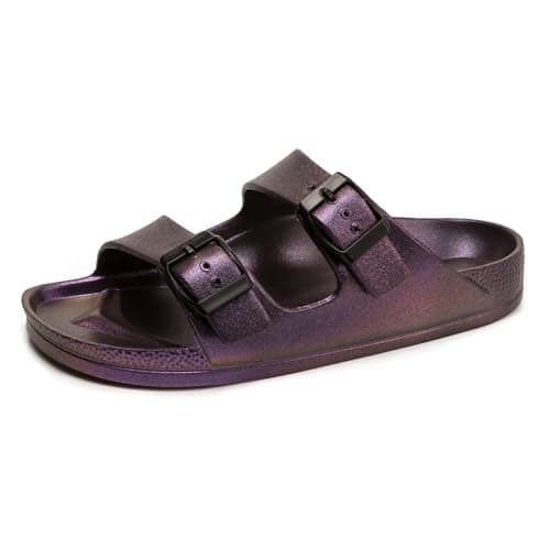 FUNKYMONKEY Women's Comfort Slides Double Buckle Adjustable EVA Flat Sandals (9 M US, Variation Purple)