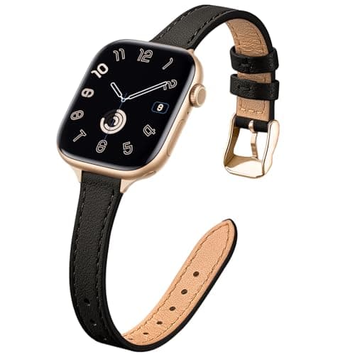 STIROLL Slim Leather Bands Compatible with Apple Watch Band 38mm 40mm 41mm 42mm(Series 11 10), Top Grain Leather Watch Thin Wristband for iWatch SE 9 8 7 6 5 4 3 2 1 (Black Gold)