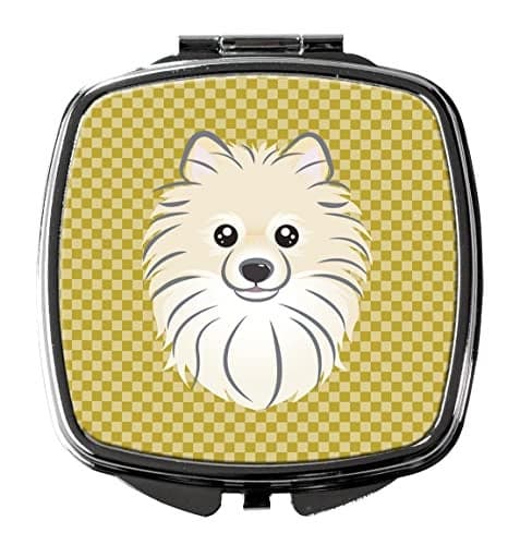 Caroline's Treasures BB1135SCM Tan Checkered Pomeranian Compact Mirror Decorative Travel Makeup Mirror for Women Girls Gifts Pocket Makeup Mirror Folding Handheld