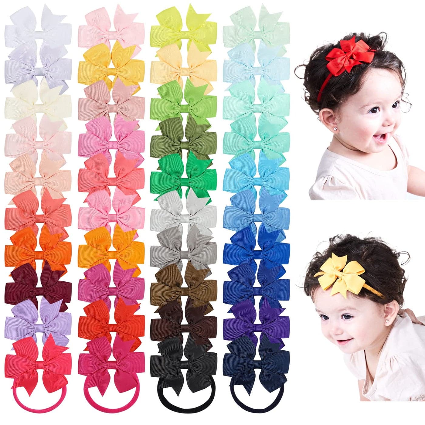 jollybows 40pcs Baby Girls Grosgrain Ribbon Hair Bows Headbands 3 Hair Band Hair Accessories for Infants Newborn Toddler