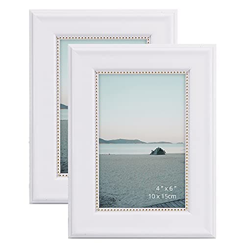 GraduationMall 4x6 Picture Frames, Real Glass, Display Photos for Wall or Tabletop, White with Gold Beads, 2-Pack