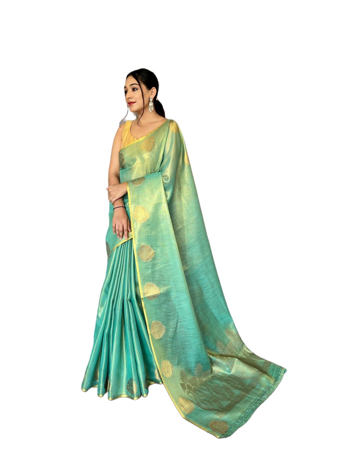 Panzora Women's Tissue Silk Jacquard Weaving Sea Green Saree With Unstitched Blouse Piece