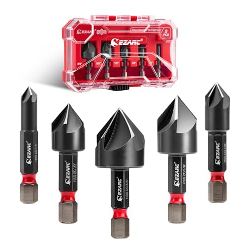 EZARC Countersink Drill Bit Set for Hard Metal, Titanium Aluminum Nitride Coated Counter Sink Drill Bit with 1/4" Hex Shank, 82 Degree 5 Flutes Design, 1/4” 3/8” 1/2” 5/8” 3/4”, 5PCS with Storage Box