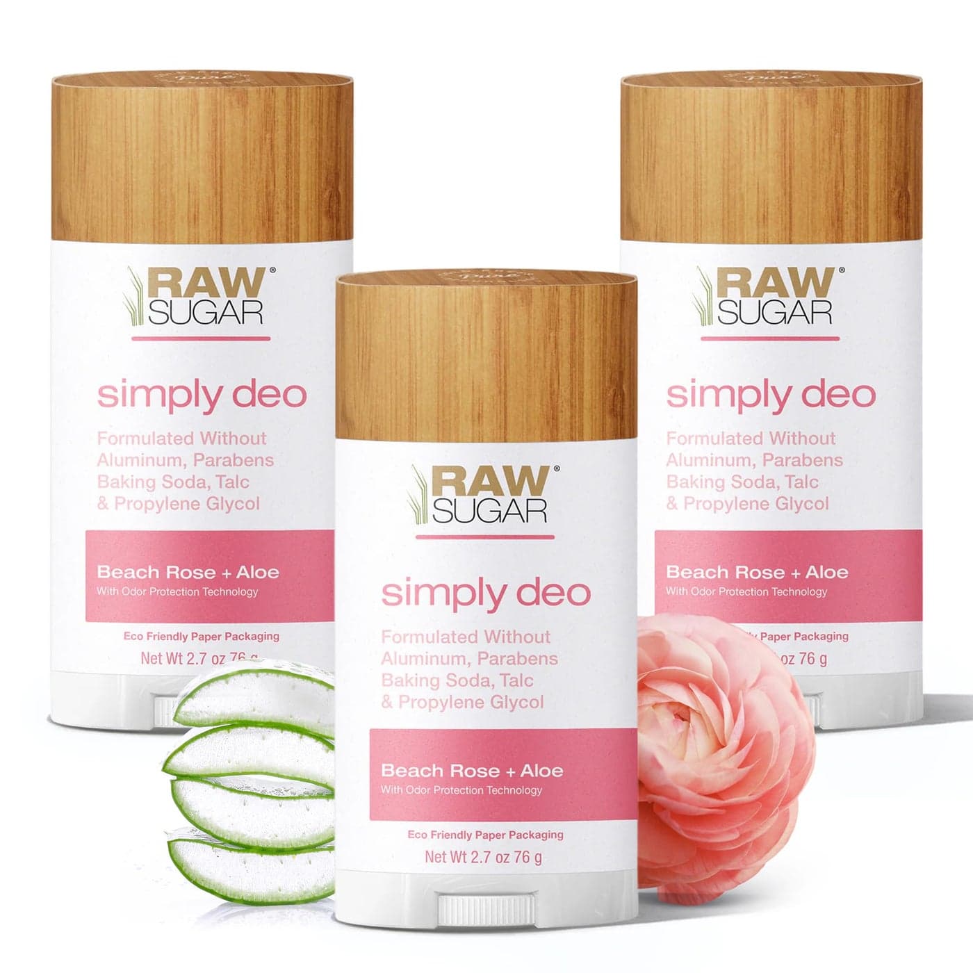 RAW SUGAR Aluminum Free Deodorant Stick Simply Deo Bundle Pack of 3 Whole Body Deodorant for Women Men Clean Formulated without Baking Soda Talc Parabens Beach Rose Aloe Scent