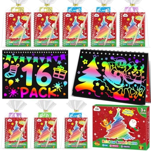 ZMLM Christmas Scratch Art Party Favors 16 Pack Rainbow Scratch Notebook Bulk Scratch Art for Kids Birthday Party Favors Girls Boys Christmas Gifts Toy Scratch Pads Classroom Prizes