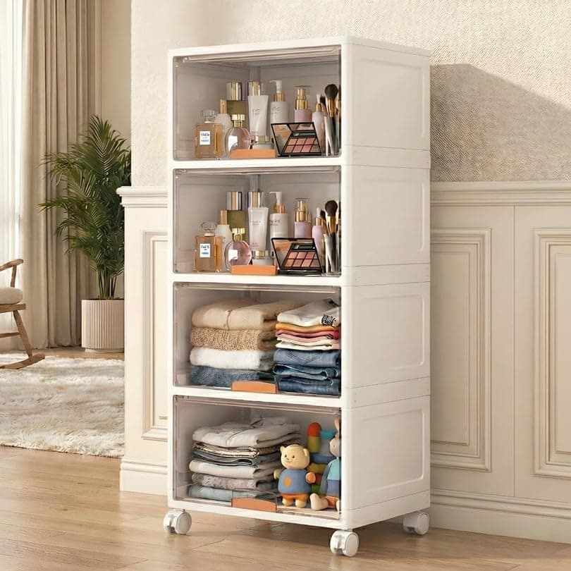 mechdel Stackable Storage Box with Wheels,Cabinet, Collapsible Organiser, Bedroom, Books,cabinets for living room/book organiser,Bookcase/bookshelf (CUPBOARD RACK/WHEELS-TRANSPARENT, 4PCS)