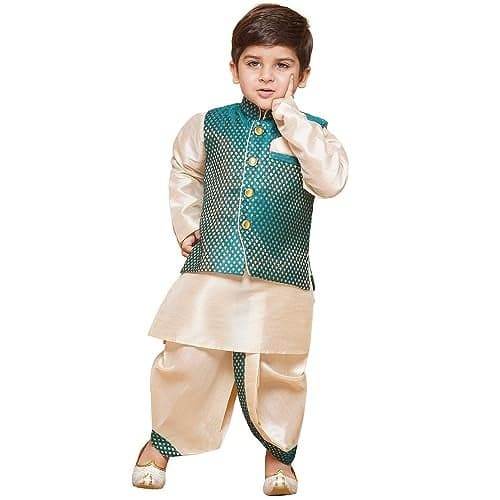 AJ DEZINES Dhoti Kurta Set for Boys | Comfortable Ethnic Wear | Cotton Full Sleeve Boy Ethnic Outfit | Kids Wear for Weddings & Festivals | Stylish Dress with Woven Waistcoat | Regular Fit | GREEN-3