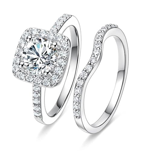 MDFUN 18K White Gold Plated Cubic Zirconia Two-In-One Halo Wedding Engagement Promise Eternity Ring for Women Size 6