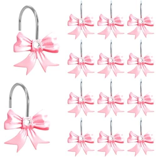 Shower Curtain Hooks,12pcs Pink Decorative Bow Knot Shower Curtain Rings for Girl Bathroom Art Decors