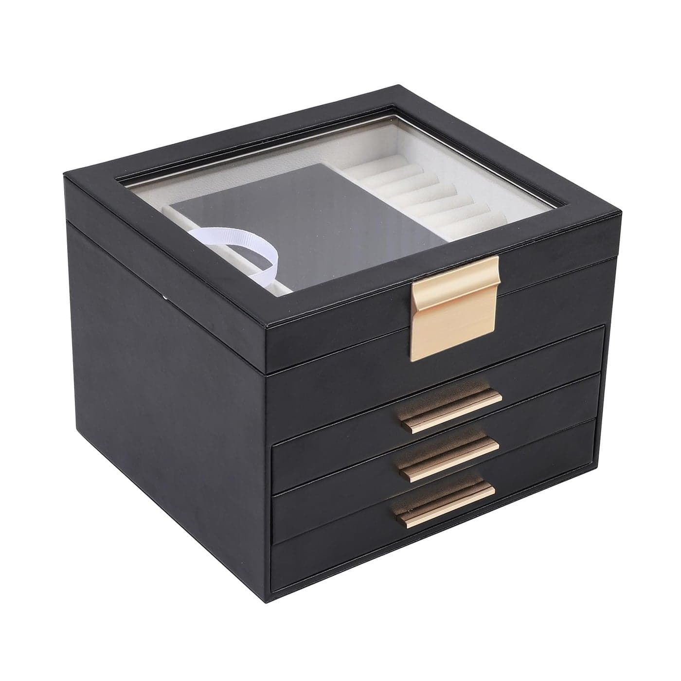 BOOVO Clear Lid Jewelry Box4 Layers Jewelry Organizer Large Jewelry Storage Box with 3 DrawersJewelry Holder Organzier of Rings Earrings Necklace Bracelets for Women Black 4 Layer