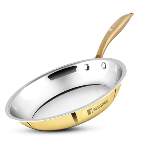 BERGNER Peetlam Frypan 24cm (1L), Brass Frying Pan with Tin (Kalai) Coated, Healthy Cooking, Traditional Frypan with Ergonomic PVD Gold Handle, Comfortable Grip, Durable - Gas Stove Compatible