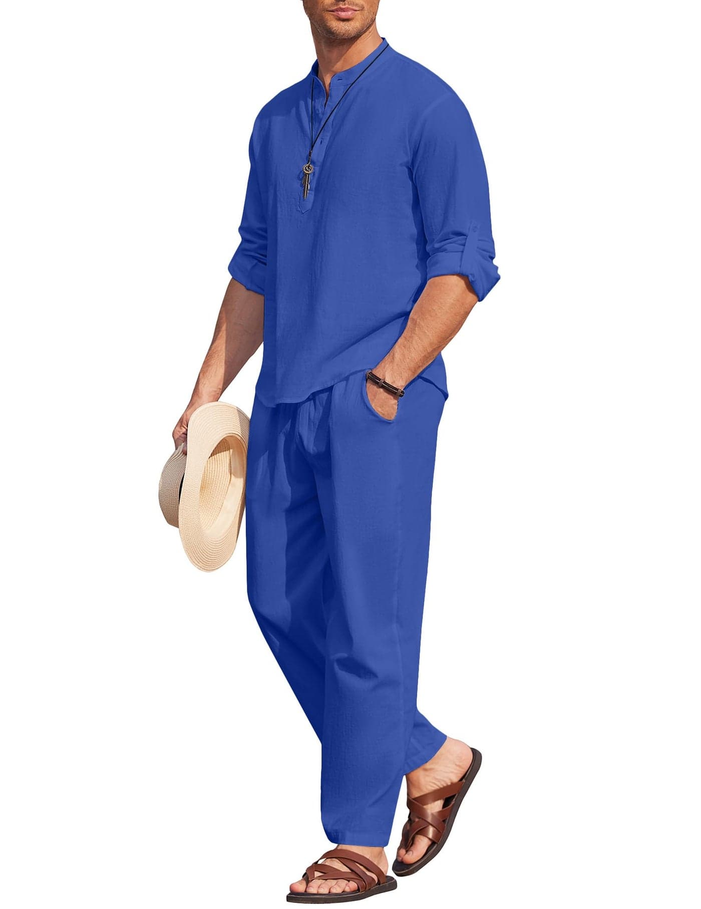 COOFANDY Men's 2 Pieces Cotton Linen Set Long Sleeve Henley Shirts Casual Beach Pants With Pockets Summer Yoga Outfits