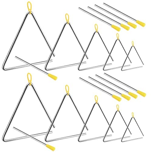 SINJEUN 10 Pack Musical Steel Triangle, 4, 5, 6, 7, 8 Inches Triangle Musical Instrument with Striker and Finger Holder, Triangle Hand Percussion Instrument for Music Learning and Teaching