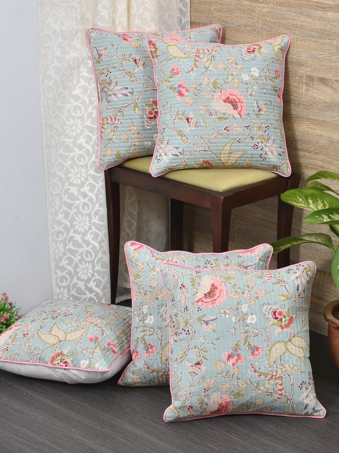 Clasiko Cushion Covers Set of 5; 24x24 Inches; Light Orange Flowers