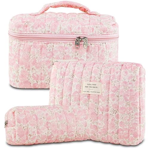 GISMTR 3Pcs Makeup Bag Cotton Quilted Travel Cosmetic Bag Cute Floral Makeup Pouch Large Toiletry Bag for Women Girls FlowersPink3